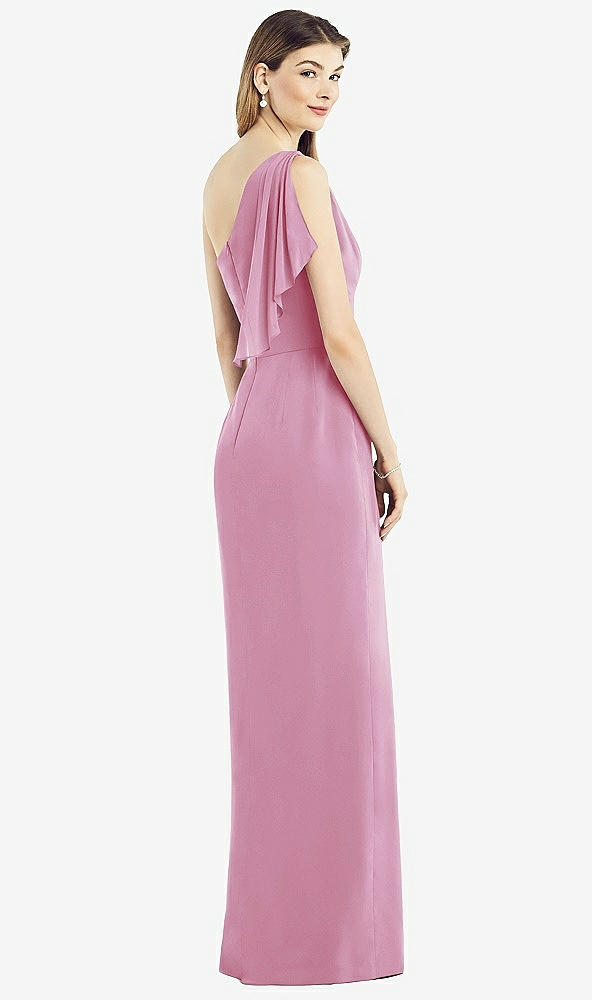 Back View - Powder Pink One-Shoulder Chiffon Dress with Draped Front Slit