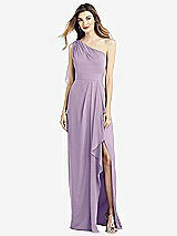Front View Thumbnail - Pale Purple One-Shoulder Chiffon Dress with Draped Front Slit
