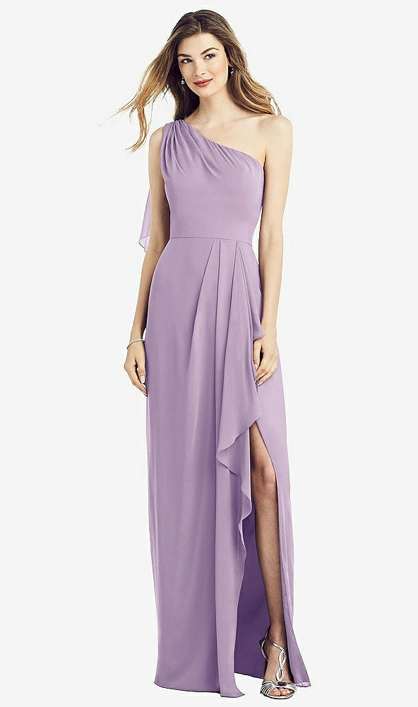 Front View - Pale Purple One-Shoulder Chiffon Dress with Draped Front Slit