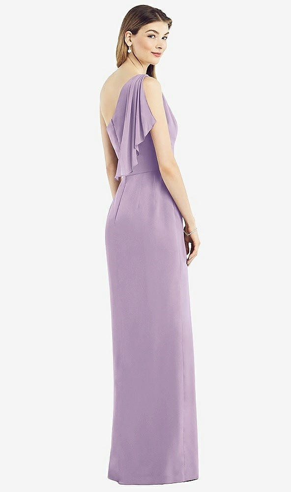 Back View - Pale Purple One-Shoulder Chiffon Dress with Draped Front Slit