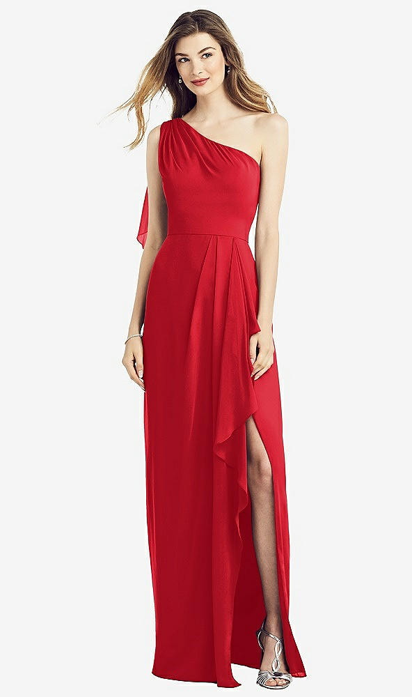 Front View - Parisian Red One-Shoulder Chiffon Dress with Draped Front Slit