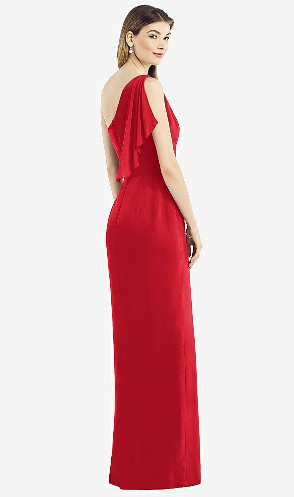 Back View - Parisian Red One-Shoulder Chiffon Dress with Draped Front Slit
