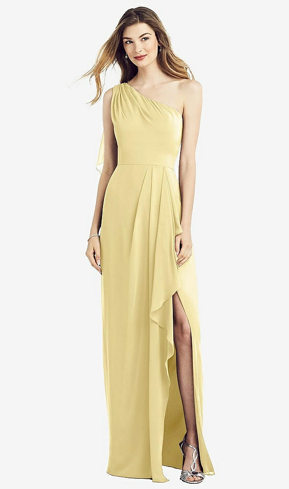 Front View - Pale Yellow One-Shoulder Chiffon Dress with Draped Front Slit