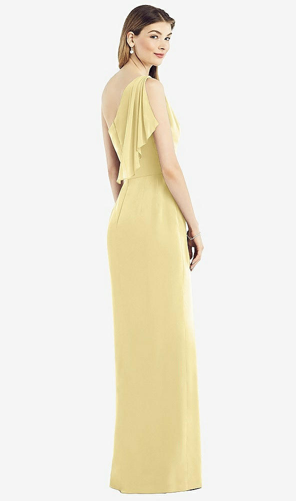 Back View - Pale Yellow One-Shoulder Chiffon Dress with Draped Front Slit