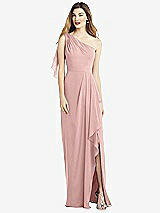 Alt View 1 Thumbnail - Rose - PANTONE Rose Quartz One-Shoulder Chiffon Dress with Draped Front Slit