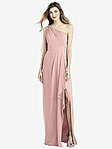 Front View Thumbnail - Rose - PANTONE Rose Quartz One-Shoulder Chiffon Dress with Draped Front Slit