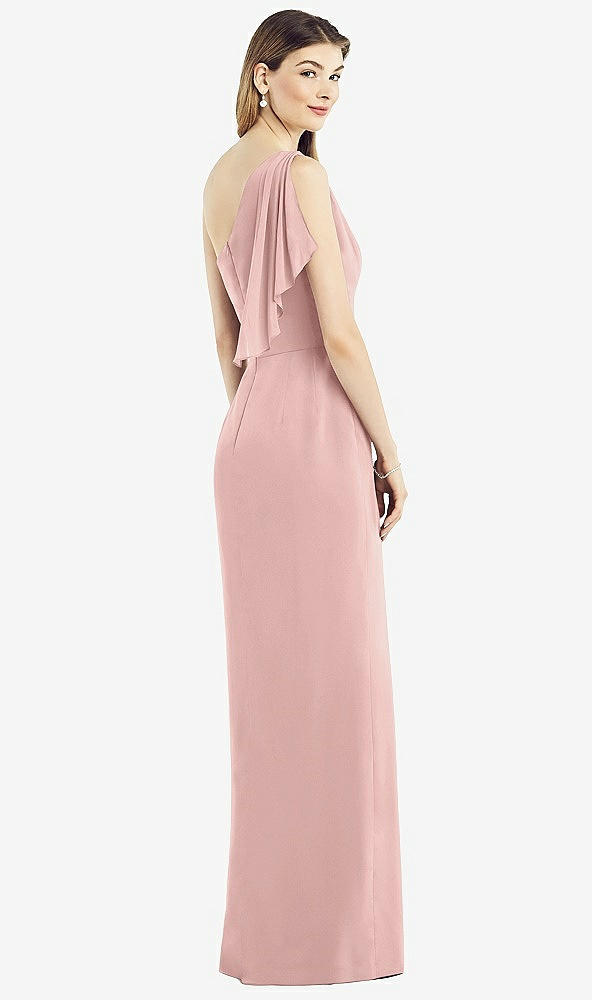 Back View - Rose - PANTONE Rose Quartz One-Shoulder Chiffon Dress with Draped Front Slit