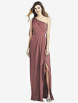 Front View Thumbnail - Rosewood One-Shoulder Chiffon Dress with Draped Front Slit