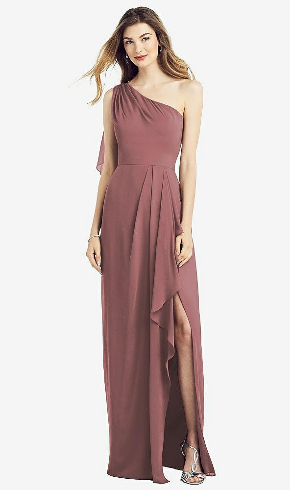 Front View - Rosewood One-Shoulder Chiffon Dress with Draped Front Slit