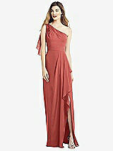 Alt View 1 Thumbnail - Coral Pink One-Shoulder Chiffon Dress with Draped Front Slit