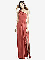 Front View Thumbnail - Coral Pink One-Shoulder Chiffon Dress with Draped Front Slit