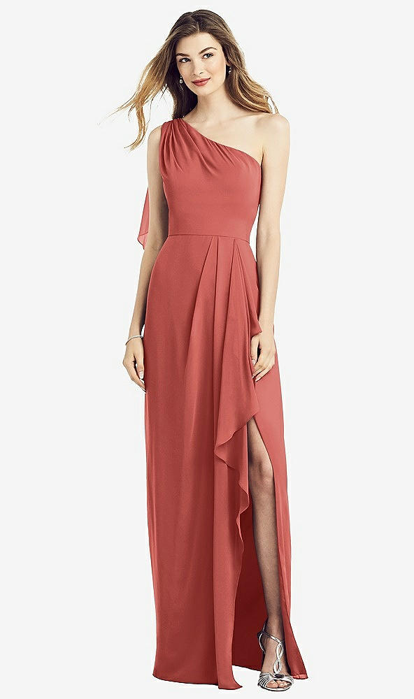 Front View - Coral Pink One-Shoulder Chiffon Dress with Draped Front Slit