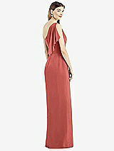 Rear View Thumbnail - Coral Pink One-Shoulder Chiffon Dress with Draped Front Slit