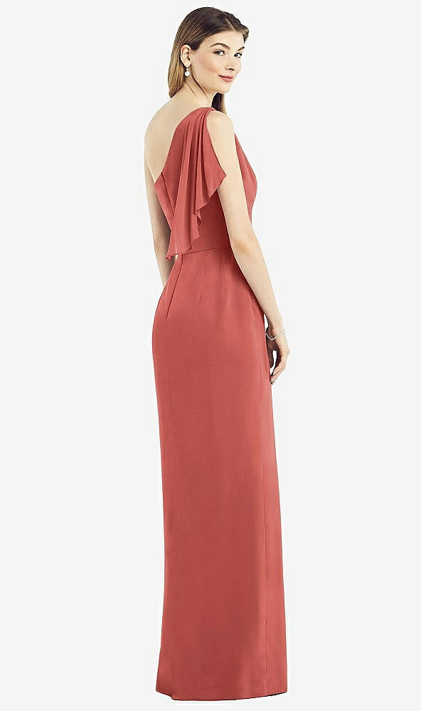Back View - Coral Pink One-Shoulder Chiffon Dress with Draped Front Slit