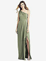 Front View Thumbnail - Sage One-Shoulder Chiffon Dress with Draped Front Slit