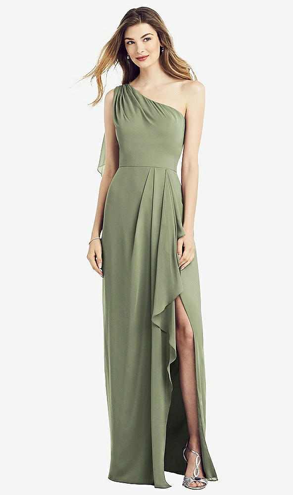 Front View - Sage One-Shoulder Chiffon Dress with Draped Front Slit