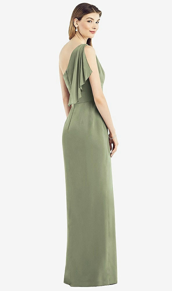 Back View - Sage One-Shoulder Chiffon Dress with Draped Front Slit