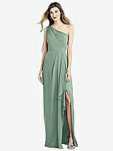 Front View Thumbnail - Seagrass One-Shoulder Chiffon Dress with Draped Front Slit