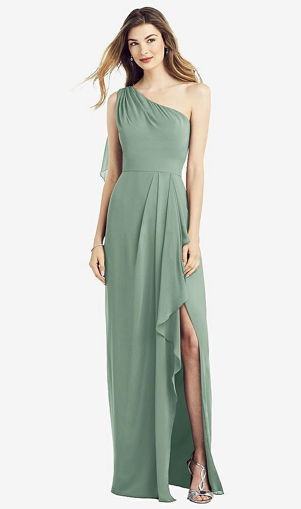 Front View - Seagrass One-Shoulder Chiffon Dress with Draped Front Slit