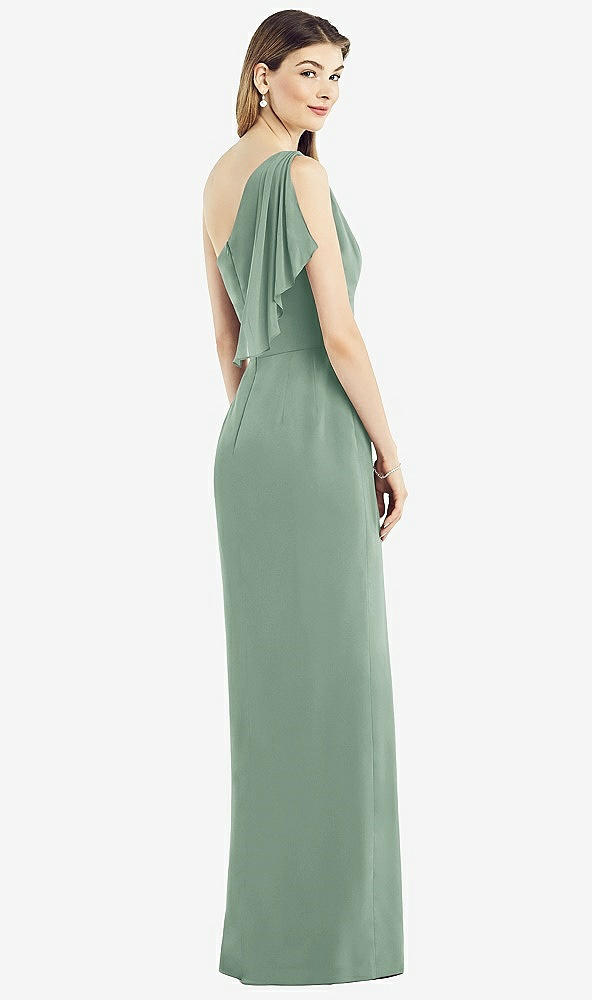 Back View - Seagrass One-Shoulder Chiffon Dress with Draped Front Slit