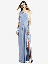 Front View Thumbnail - Sky Blue One-Shoulder Chiffon Dress with Draped Front Slit