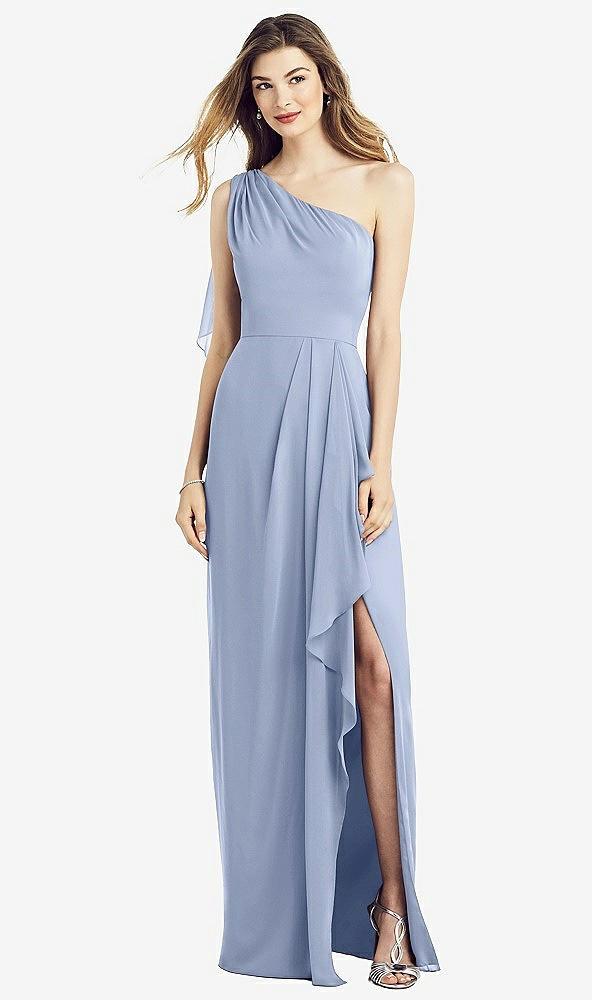 Front View - Sky Blue One-Shoulder Chiffon Dress with Draped Front Slit