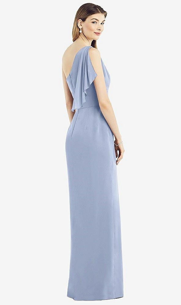 Back View - Sky Blue One-Shoulder Chiffon Dress with Draped Front Slit