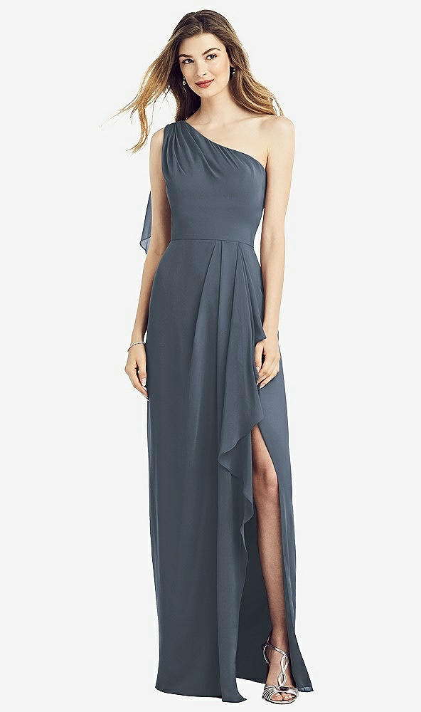 Front View - Silverstone One-Shoulder Chiffon Dress with Draped Front Slit
