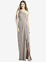 Alt View 1 Thumbnail - Taupe One-Shoulder Chiffon Dress with Draped Front Slit