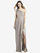 Front View Thumbnail - Taupe One-Shoulder Chiffon Dress with Draped Front Slit