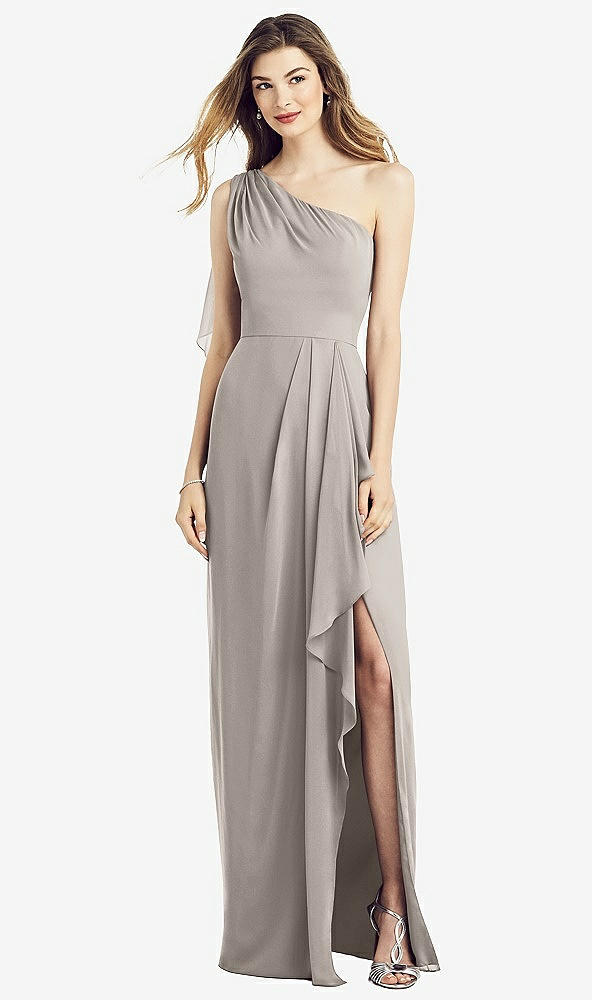 Front View - Taupe One-Shoulder Chiffon Dress with Draped Front Slit