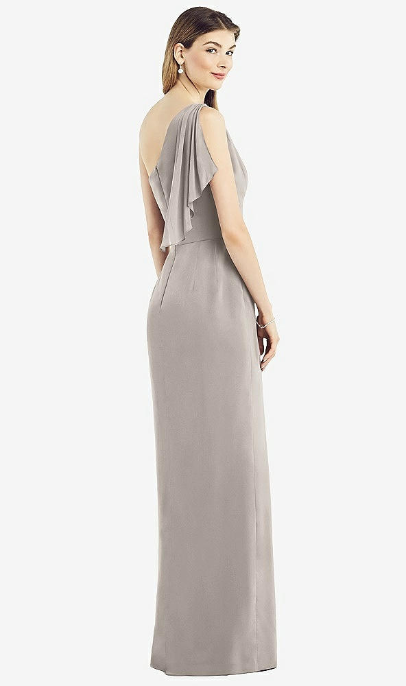 Back View - Taupe One-Shoulder Chiffon Dress with Draped Front Slit