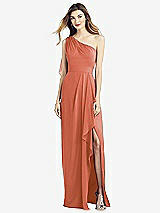 Front View Thumbnail - Terracotta Copper One-Shoulder Chiffon Dress with Draped Front Slit