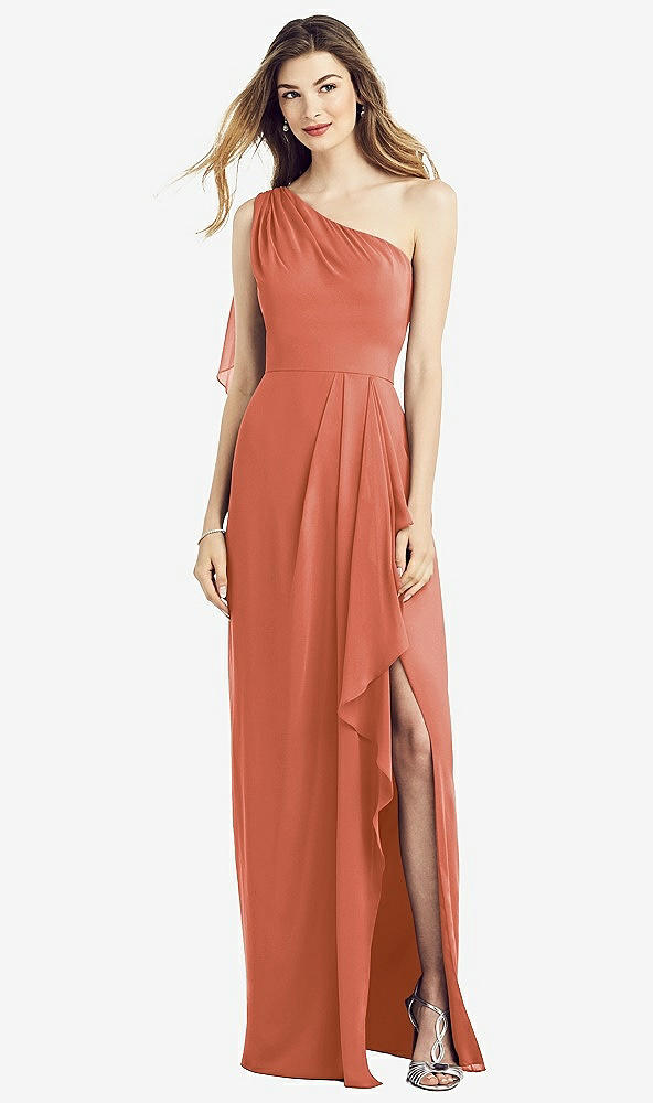 Front View - Terracotta Copper One-Shoulder Chiffon Dress with Draped Front Slit