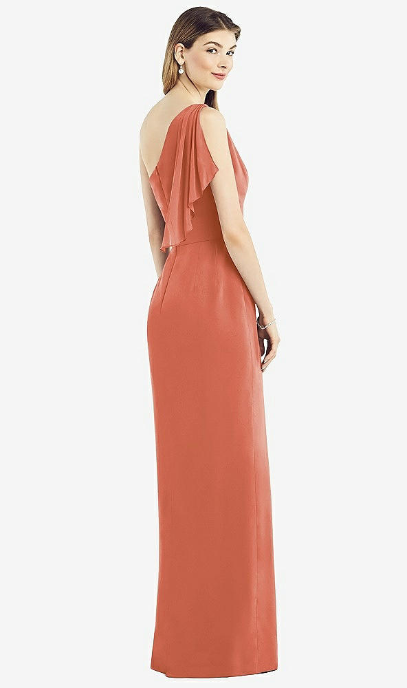Back View - Terracotta Copper One-Shoulder Chiffon Dress with Draped Front Slit