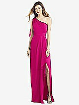 Front View Thumbnail - Think Pink One-Shoulder Chiffon Dress with Draped Front Slit
