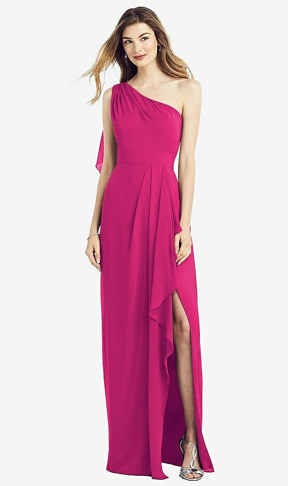 Front View - Think Pink One-Shoulder Chiffon Dress with Draped Front Slit