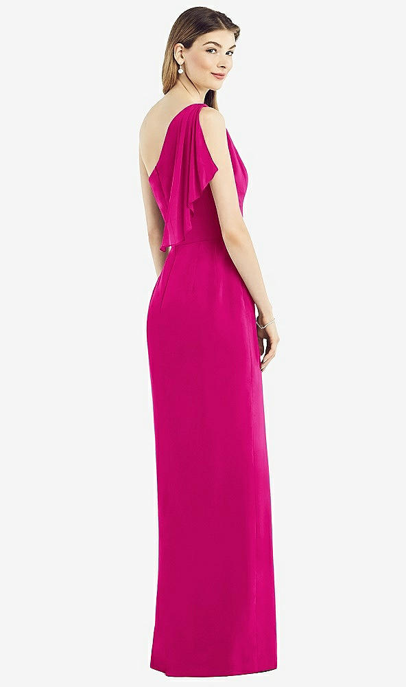 Back View - Think Pink One-Shoulder Chiffon Dress with Draped Front Slit
