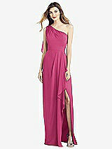 Front View Thumbnail - Tea Rose One-Shoulder Chiffon Dress with Draped Front Slit