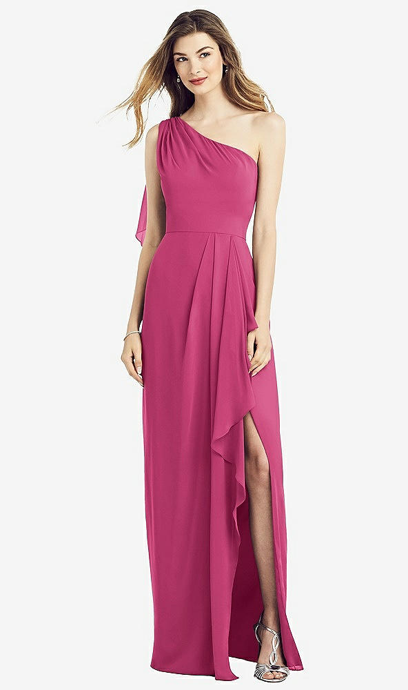 Front View - Tea Rose One-Shoulder Chiffon Dress with Draped Front Slit