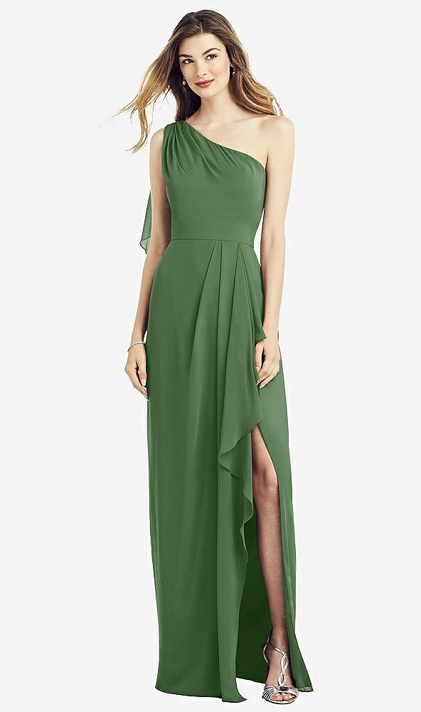Front View - Vineyard Green One-Shoulder Chiffon Dress with Draped Front Slit