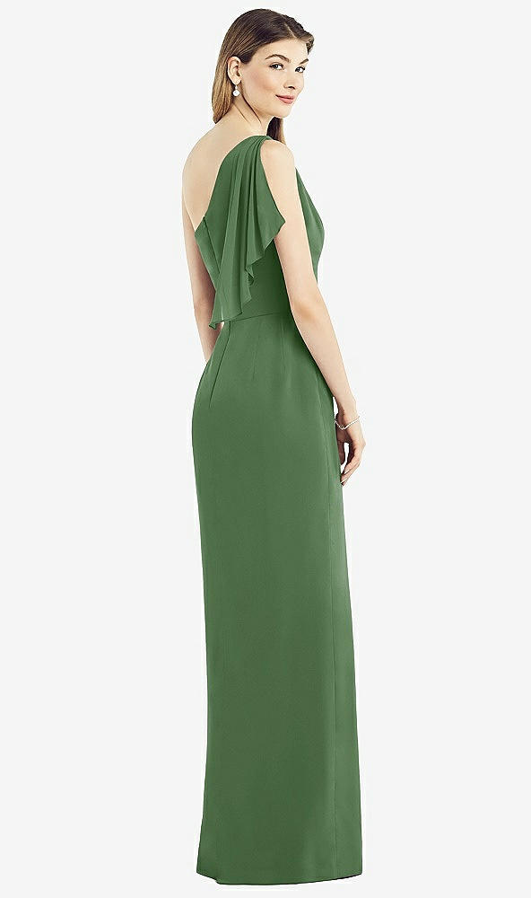 Back View - Vineyard Green One-Shoulder Chiffon Dress with Draped Front Slit
