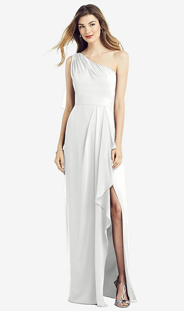 Front View - White One-Shoulder Chiffon Dress with Draped Front Slit