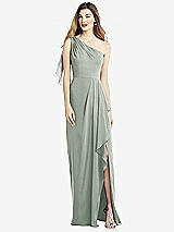Alt View 1 Thumbnail - Willow Green One-Shoulder Chiffon Dress with Draped Front Slit