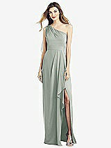 Front View Thumbnail - Willow Green One-Shoulder Chiffon Dress with Draped Front Slit
