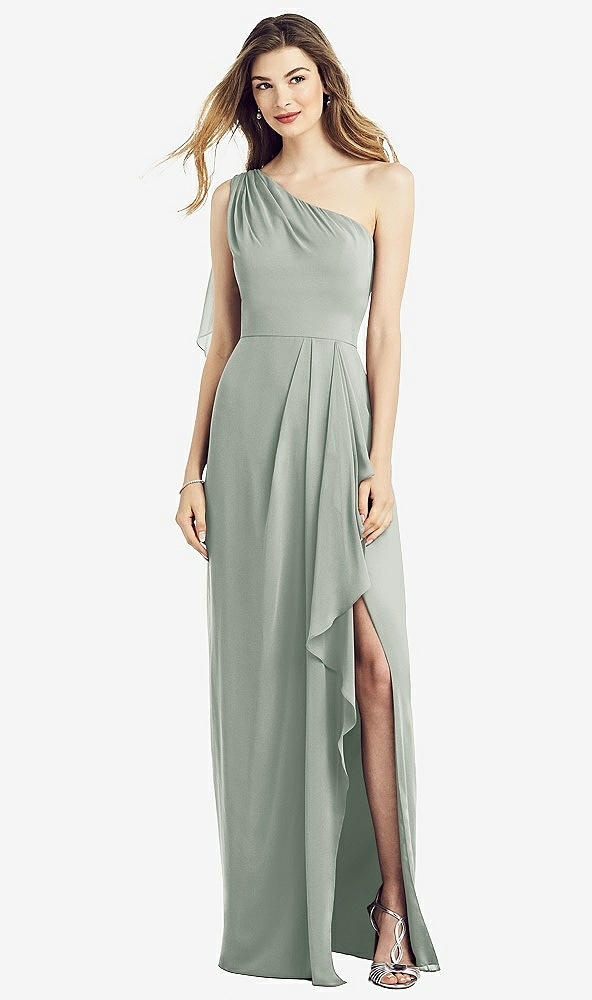Front View - Willow Green One-Shoulder Chiffon Dress with Draped Front Slit