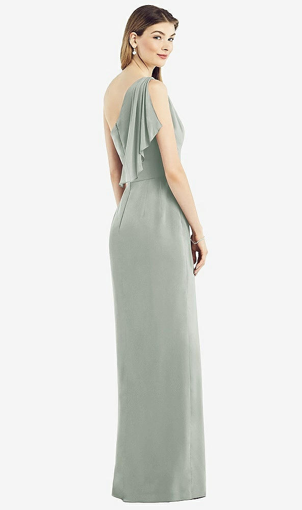Back View - Willow Green One-Shoulder Chiffon Dress with Draped Front Slit