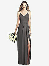 Front View Thumbnail - Caviar Gray Spaghetti Strap Draped Skirt Gown with Front Slit