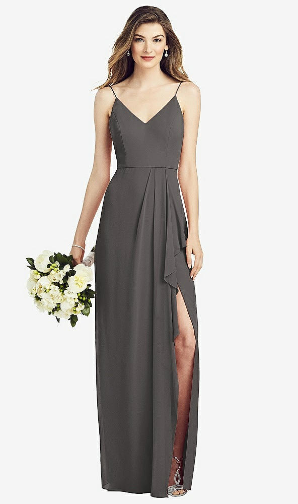 Front View - Caviar Gray Spaghetti Strap Draped Skirt Gown with Front Slit