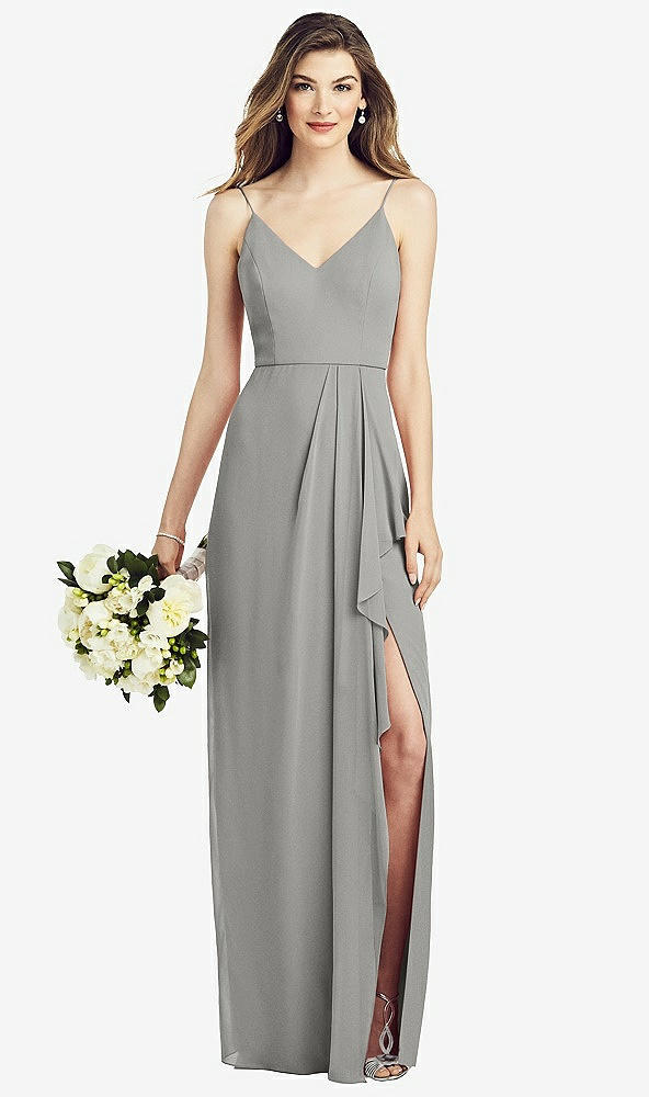 Front View - Chelsea Gray Spaghetti Strap Draped Skirt Gown with Front Slit